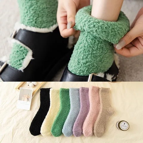 Women's Winter Thickened Coral Fleece Warm Socks Solid Color Japanese Style Soft Cozy Mid-Calf Floor Socks