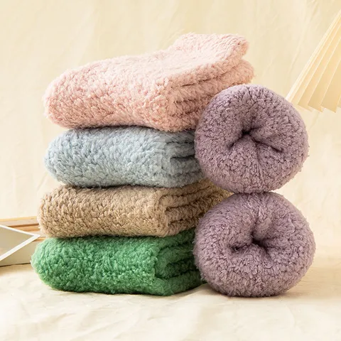 Women's Winter Thickened Coral Fleece Warm Socks Solid Color Japanese Style Soft Cozy Mid-Calf Floor Socks