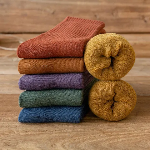 Women Winter Thickened Fleece Loop Crew Socks Solid Color Warm Casual Comfortable Soft Daily Hosiery
