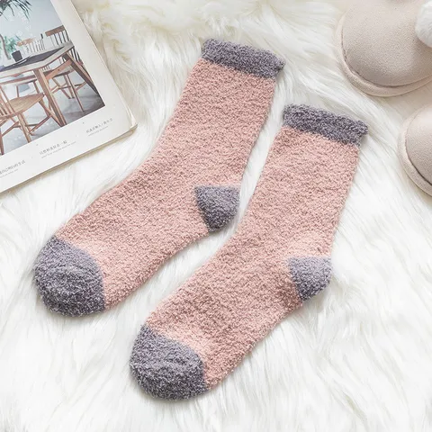 Women's Coral Fleece Winter Warm Thickened Sleep Socks Colorblock Mid Tube Casual Cozy Soft Thermal Floor Socks