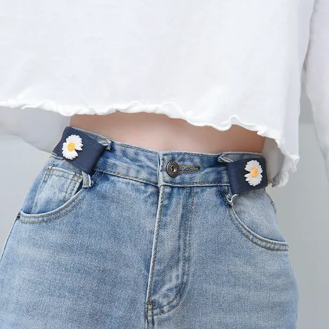 Cinturón Elástico Invisible para Mujer Sin Punzón Denim Cinturilla Casual Ajustable Con Decoración de Margarita Para Jeans
