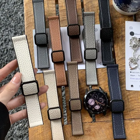 Litchi Pattern Leather Watch Band Replacement Strap With Magnetic Folding Clasp Metal Connector For Smartwatch