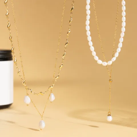 Baroque Natural Pearl Layered Necklace For Women 18K Gold Plated Titanium Steel Water Resistant Choker Necklaces Fashion Jewelry
