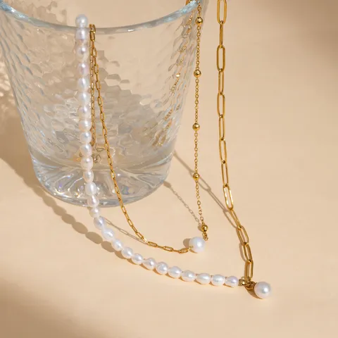 Collana con Pendente in Perla d'Acqua Dolce Naturale in Acciaio Inossidabile per Donna Catena a Due Strati Placcata Oro 18K