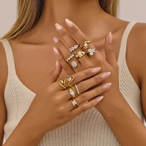 18 Karat Vergoldete Titanstahl Verstellbare Offene Ringe Für Damen Strass Zirkonia Künstliche Perle Geometrische Schmetterling Stern Blume Modeschmuck