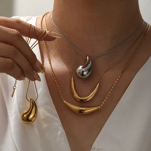 French Vintage Titanium Steel Electroplated Geometric Pendant Necklace Smooth Metal U Tube Teardrop Triangle Pendant Neckwear For Women Daily Jewelry