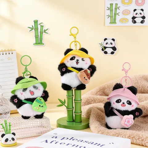 Simpatico Portachiavi Peluche Panda Rosso Con Mini Zaino Cappello Da Sole Morbido Animale Di Peluche Ciondolo Borsa Scuola Ornamento