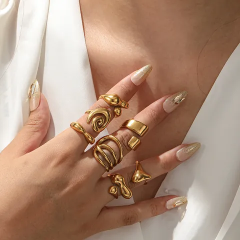 INS Stil Glatter Edelstahl Unregelmäßiger Geometrischer Multiline Offener Ring Handpoliert Flüssige Erdnuss Gießen Verstellbarer Ring Schmuck Geschenk Für Damen