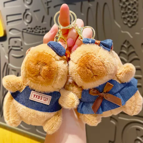 Cute Denim Capybara Plush Keychain Kawaii Water Pig Stuffed Animal Doll Bag Pendant Key Ring Decorative Accessory Gift