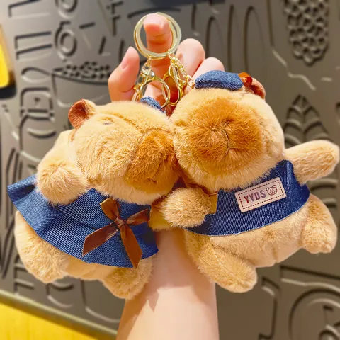 Cute Denim Capybara Plush Keychain Kawaii Water Pig Stuffed Animal Doll Bag Pendant Key Ring Decorative Accessory Gift