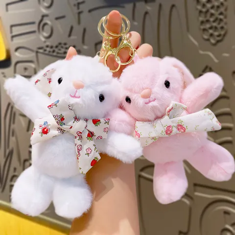 Floral Cloth Long Eared Rabbit Plush Toy Keychain Cute Soft Bunny Doll For Bag Charm Gift Women Girls Accessory