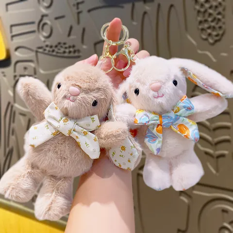 Floral Cloth Long Eared Rabbit Plush Toy Keychain Cute Soft Bunny Doll For Bag Charm Gift Women Girls Accessory
