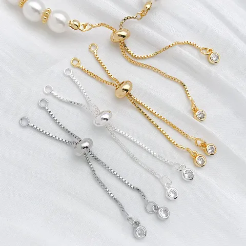 Gold Plated Copper Slider Bracelet Chain Adjustable Stainless Steel Extension Chain Zirconia DIY Jewelry Findings