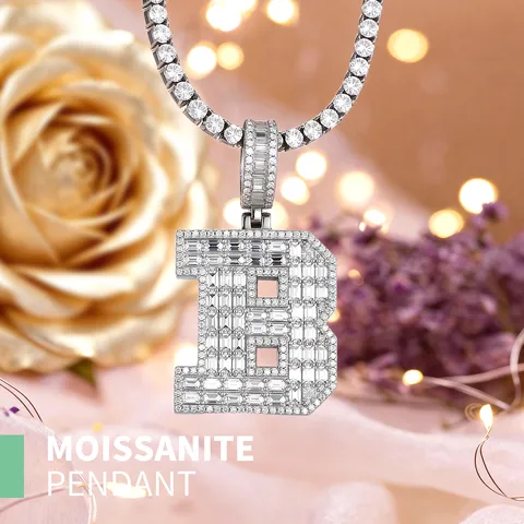 Pendentif Moissanite Initiale B Hip Hop Argent Sterling 925 Plaqué Or Blanc 18K Chaîne Tennis Glacé Bijoux Femmes Hommes GRA