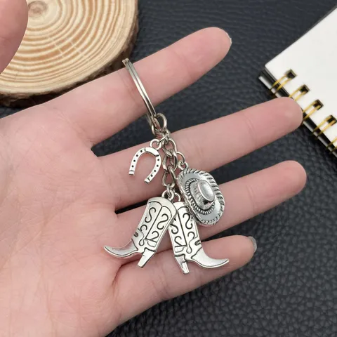 Vintage Western Cowboy Sleutelhanger Antiek Zilver Metaal Laarzen Hoed Hoefijzer Hanger Sleutelhanger Tas Charm Sieraden