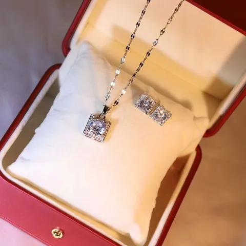 Minimalistisch Titanstahl Quadratische Strass Halskette Und Ohrstecker Set Edelstahl Geometrischer Schmuck