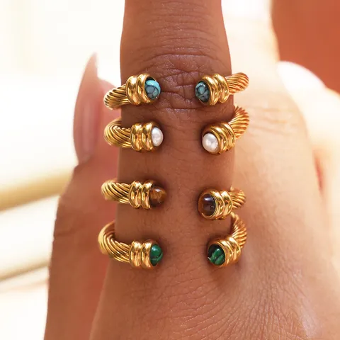 Nischen Vergoldeter Edelstahl Verdrehtes Kabel Offener Ring Für Damen Vintage Naturstein Eingelegt Leichter Luxus Ins Stil Fingerring Schmuck Geschenk