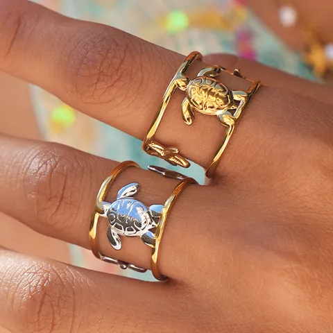 Stainless Steel Hollow Sea Turtle Open Ring For Women Adjustable Ocean Theme Animal Finger Ring Ins Style Jewelry