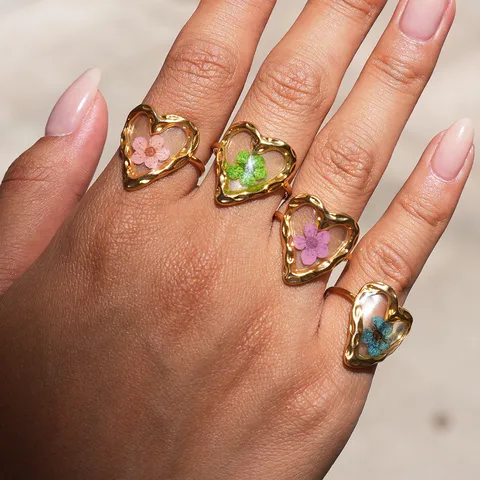 Edelstahl Herz Trockenblume Ring Für Damen Ins Stil Vergoldet Harz Eingelegt Verstellbarer Offener Fingerring Schmuck