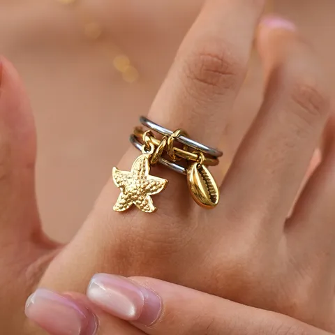 Nische High End Edelstahl Dreifach Bandring Mehrlagig Stapelbar mit Seestern Muschel Anhänger Gold Silber Bicolor Strand Ozean Thema Urlaub Fingerringe Schmuck Für Damen