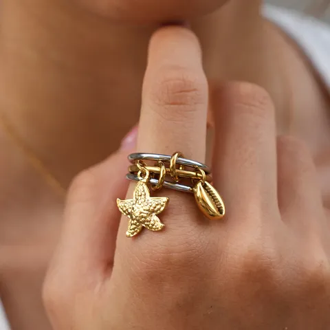 Nische High End Edelstahl Dreifach Bandring Mehrlagig Stapelbar mit Seestern Muschel Anhänger Gold Silber Bicolor Strand Ozean Thema Urlaub Fingerringe Schmuck Für Damen