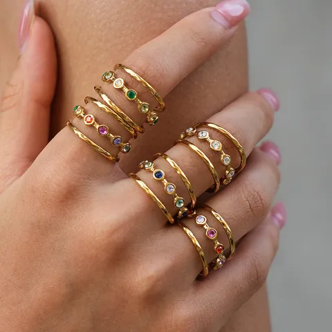 Edelstahl Leichter Luxus Verstellbarer Offener Ring Für Damen Farbige Zirkonia Eingelegt Vergoldet Geometrischer Modeschmuck