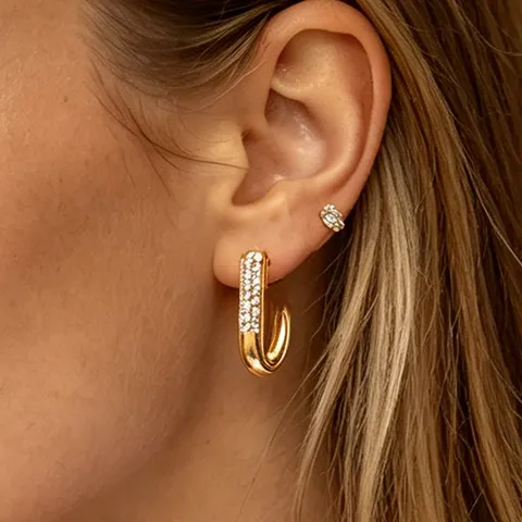 French Vintage Stainless Steel J-Shaped Rhinestone Hoop Earrings For Women Luxury 18K Gold Plated Geometric Huggie Stud Earrings Party Jewelry Gift