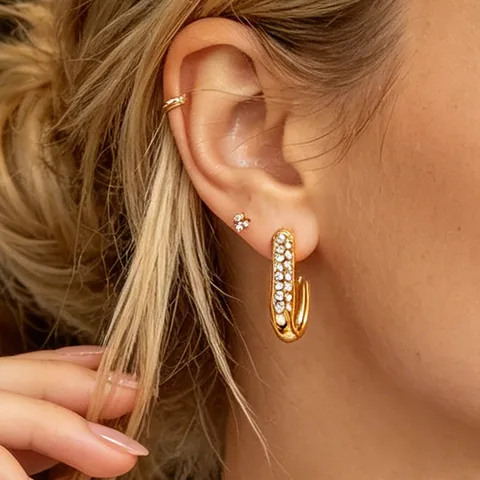 French Vintage Stainless Steel J-Shaped Rhinestone Hoop Earrings For Women Luxury 18K Gold Plated Geometric Huggie Stud Earrings Party Jewelry Gift