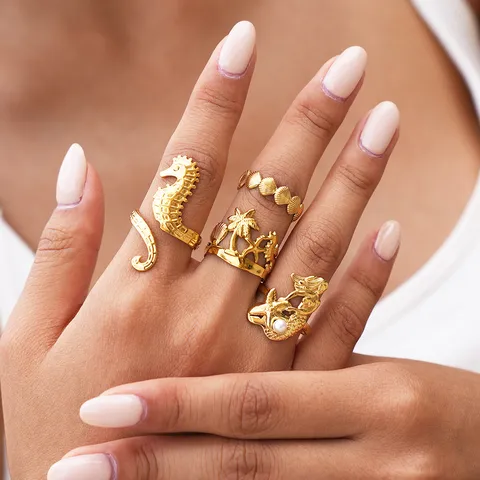 Edelstahl Offener Verstellbarer Ring Für Damen Vergoldet Seepferdchen Muschel Meerjungfrau Seestern Perle Ring Ozean Strand Resort Schmuck Geschenk