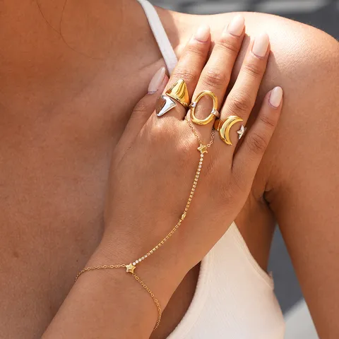 Conjunto de Anillo y Pulsera de Estrella y Luna de Acero Inoxidable Minimalista para Mujer Pulsera con Anillo de Diamantes de Imitación Joyería