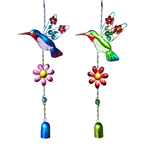 Campanella a Vento con Colibrì in Vetro e Ferro Ornamento Sospeso Stile Country Decorazione Uccello in Metallo per Giardino Esterno Casa