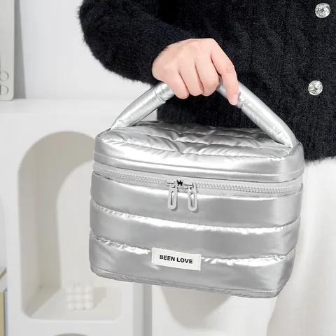 Bolsa de Maquillaje Puffer Gran Capacidad Bolsa Cosmética Acolchada Viaje Neceser Organizador Portátil con Cremallera para Mujeres