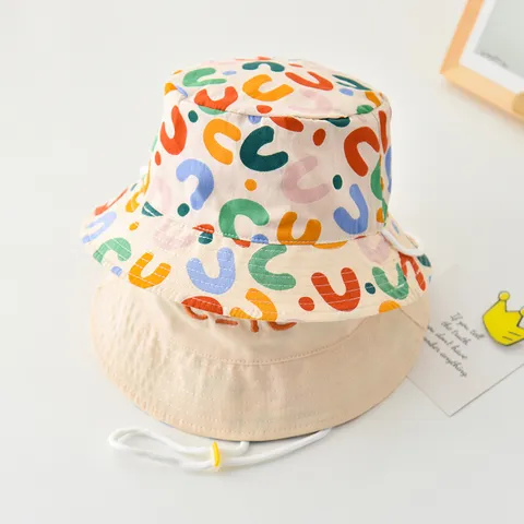 Kids Double Sided Bucket Hat Cute Letter Embroidery Wide Brim Sun Protection Summer Casual Basin Hat For Baby Boys Girls