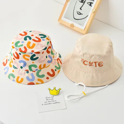 Kids Double Sided Bucket Hat Cute Letter Embroidery Wide Brim Sun Protection Summer Casual Basin Hat For Baby Boys Girls