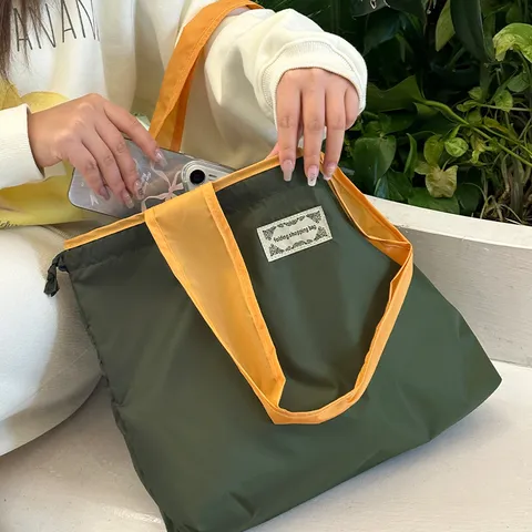 Bolsa de Compras Plegable Impermeable Ligera Portátil con Cordón Bolsa de Almacenamiento Bloques de Color Bolso Casual Gran Capacidad