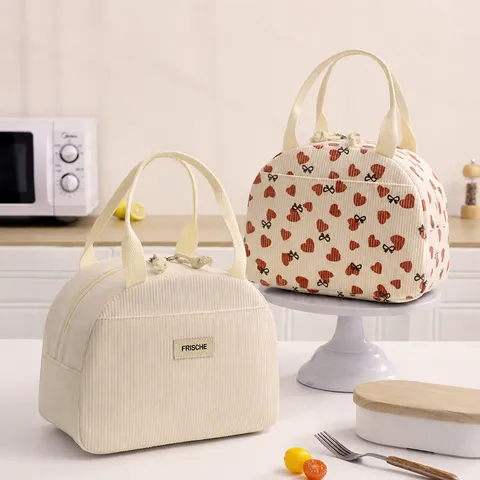 Bolsa Térmica para Almuerzo de Corduroy Gran Capacidad Caja Bento Portátil Bolsa Tote con Bonito Estampado de Corazón para Trabajo Pícnic