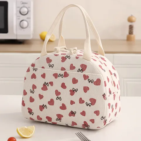 Bolsa Térmica para Almuerzo de Corduroy Gran Capacidad Caja Bento Portátil Bolsa Tote con Bonito Estampado de Corazón para Trabajo Pícnic