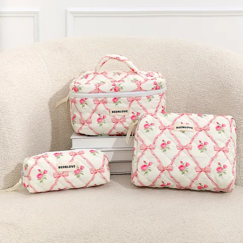 Bolsa de Maquillaje de Viaje de Algodón Acolchado Gran Capacidad Lindo Lazo Rosa Estampado Neceser Organizador