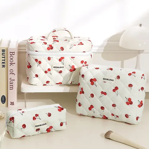 Bolsa de Maquillaje de Viaje de Algodón Acolchado Gran Capacidad Lindo Lazo Rosa Estampado Neceser Organizador