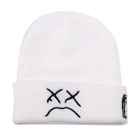 Unisex Winter Warm Knit Beanie Crying Face Embroidery Pull On Cuff Hat Casual Outdoor Solid Color Woolen Cap