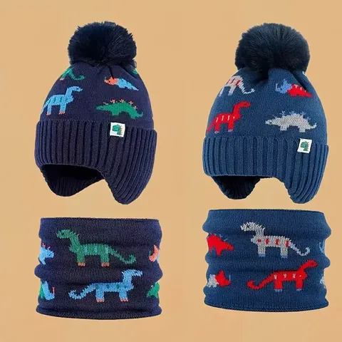 Kids Winter Warm Knit Hat And Scarf Set Cute Dinosaur Jacquard Fleece Lined Beanie With Pom Pom For Boys Children