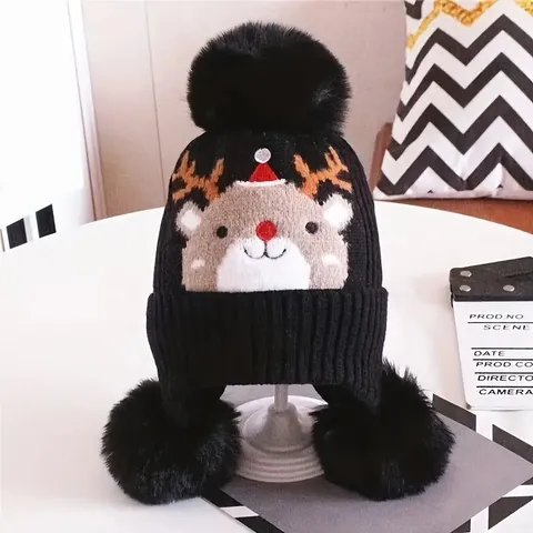 Kids Winter Warm Knit Beanie Hat Cute Christmas Reindeer Pattern Pom Pom Ear Protection Knitted Cap For Children
