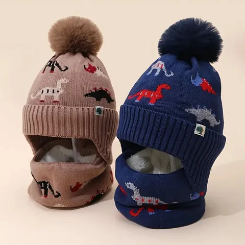 Kids Winter Warm Knit Hat And Scarf Set Cute Dinosaur Jacquard Fleece Lined Beanie With Pom Pom For Boys Children