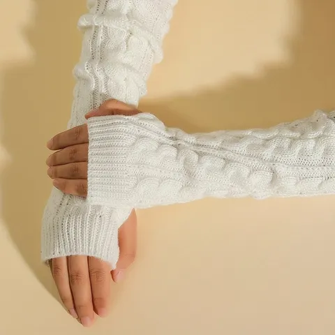 Women Winter Cable Knit Half Finger Gloves Arm Sleeves Solid Color Polyester Knit Gloves