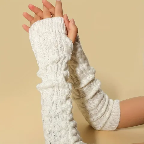 Women Winter Cable Knit Half Finger Gloves Arm Sleeves Solid Color Polyester Knit Gloves