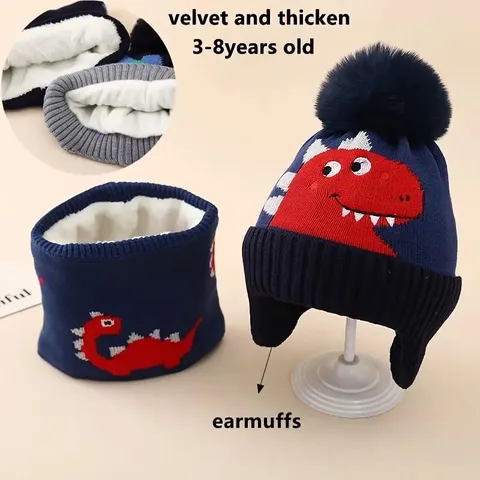 Kids Winter Warm Knitted Hat And Scarf Set Cartoon Dinosaur Jacquard Fleece Lined Thick Beanie Cap For Children
