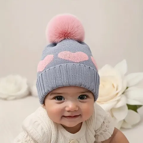 Baby Winter Thickened Heart Knit Beanie Cap With Pom Pom Infant Kids Headwear
