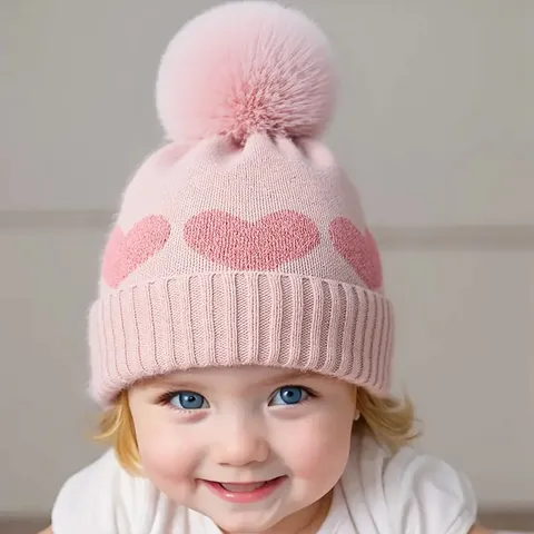 Baby Winter Thickened Heart Knit Beanie Cap With Pom Pom Infant Kids Headwear