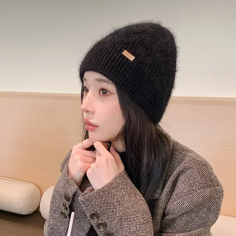 Women Winter Warm Knitted Hat Cute Plush Short Rabbit Hair Beanie Hat Rolled Cuff Casual Outdoor Pullover Hat