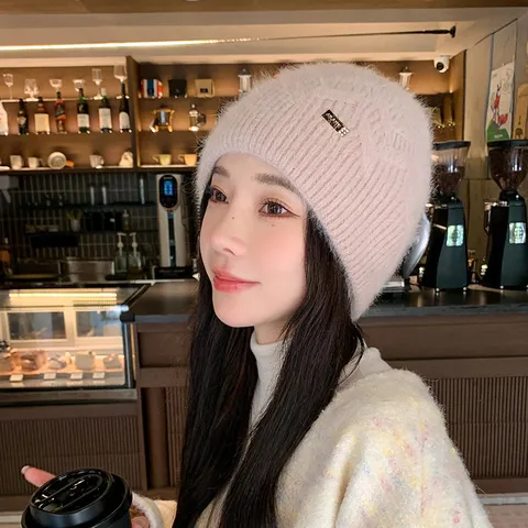 Women Winter Warm Knitted Hat Cute Plush Short Rabbit Hair Beanie Hat Rolled Cuff Casual Outdoor Pullover Hat